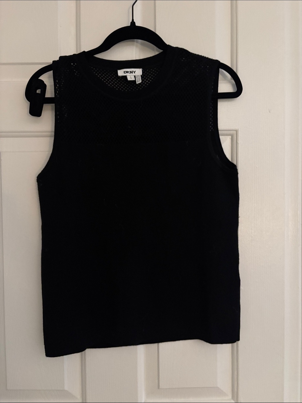 DKNY Black Open-Knit Mesh Crewneck Top